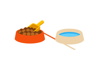 An illustration of two pet bowls on a black background. One orange bowl contains brown kibble with a yellow scoop, while the other beige bowl is filled with blue water. © icon_art