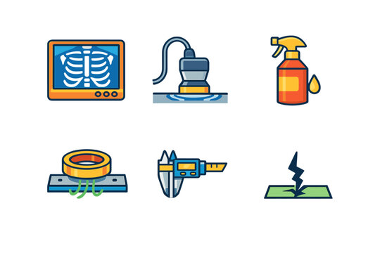 Six flat icons illustrating various non-destructive testing techniques such as radiography, ultrasonic testing, liquid penetrant, magnetic particle, dimensional measurement, and visual inspection.