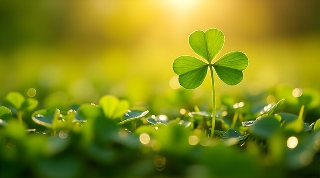 Vibrant three-leaf clover (shamrock) glowing in golden sunlight with lush green bokeh background, symbolizing luck, nature, and growth.
