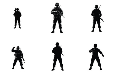 Obraz premium Soldier Silhouettes Set: Various Poses and Actions Vector Illustration