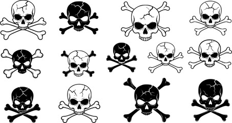 Fototapeta premium Set of black and white skull icons with cracks and crossbones vector illustration 