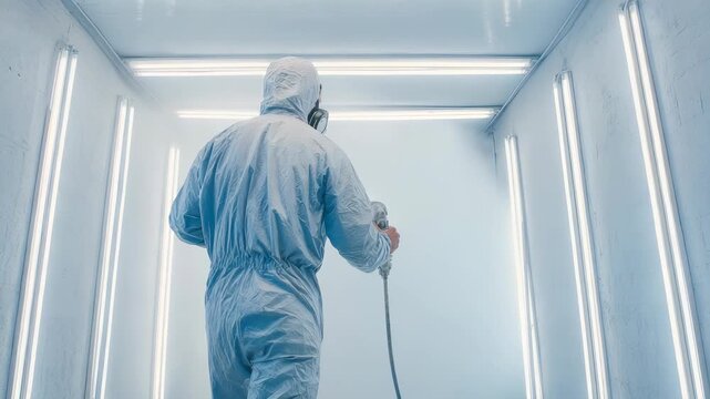 A person in full protective gear uses a spray gun in a high tech, illuminated spray booth. The environment emphasizes safety, innovation, and industrial precision in modern workplaces