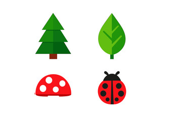 Shapes of nature include a green tree, green leaf, red mushroom with white spots, and a black and red ladybug against a white background © icon_art
