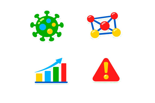 Colorful icons show virus, molecule, growth chart, and warning symbol about health and science topics in a simple layout