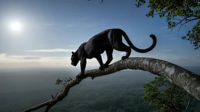 Black panther walks carefully along tree branch above calm forest valley