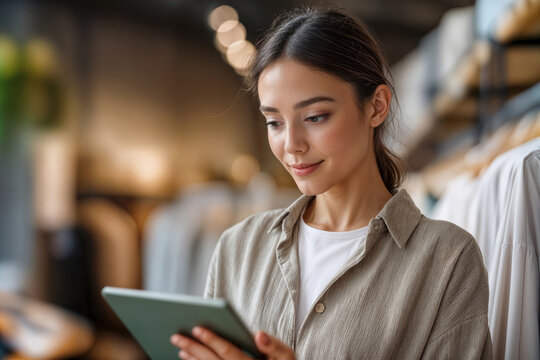Sales Associate Using Tablet in Fashion Store, Focused and Content, Casual Style for Retail