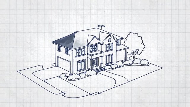 Drawing a simple house design using line art on grid paper from different angles and views to show structure