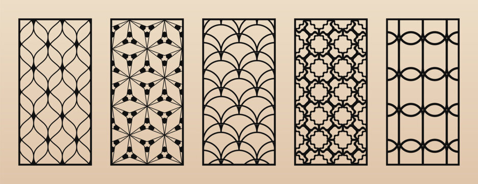 Laser cut patterns. Luxury vector set of abstract geometric ornament, thin lines, grid, net, lattice. Decorative stencil for CNC, laser cutting of wood panel, metal, plastic, paper. Aspect ratio 1:2