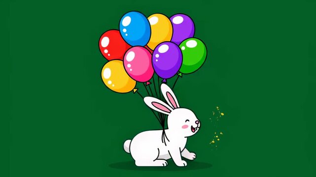 Cute white rabbit illustration holding bright balloons on a green background for holiday promotions and children's content.