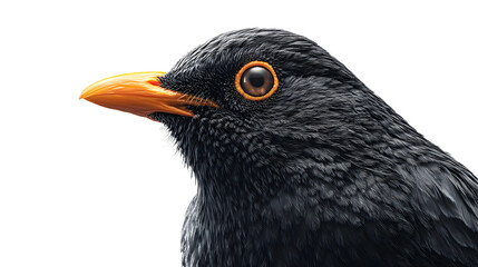 Fototapeta premium Closeup of a blackbirds head with orange beak and eye isolated on transparent background