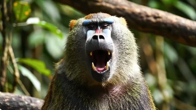 Baboon shows teeth in natural habitat while resting on tree branch during morning hours in tropical forest