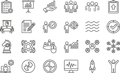 Business management and teamwork line icons vector set, strategy analytics productivity symbols, modern black outline illustration collection