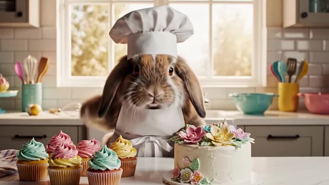 Adorable Easter bunny chef wearing a toque, standing behind a counter with colorful cupcakes and a floral cake, perfect for holiday promotions or whimsical food content.