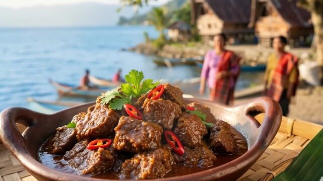 Traditional Indonesian Beef Rendang served in a clay bowl on a woven tray with a scenic view of Lake Toba and Batak houses at sunset.