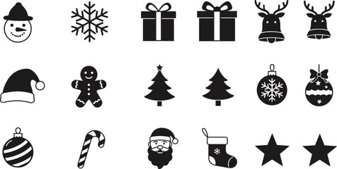 Christmas holiday icons set – snowman, tree, Santa, gifts, ornaments, stars, gingerbread, reindeer, and festive decorations silhouette pack © Empowerment angle 