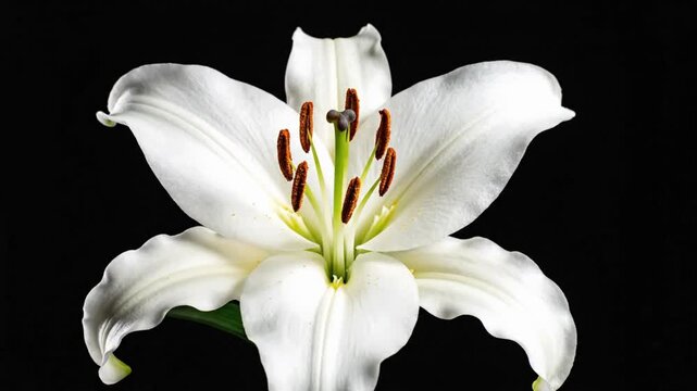 Blooming white flower stands against a dark background in a close-up view showcasing its shape and color clearly