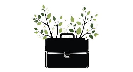 Sustainable business growth concept with briefcase and green leaves