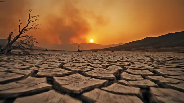 Sun setting over cracked earth in a dry landscape with distant hills and dark smoke in the sky