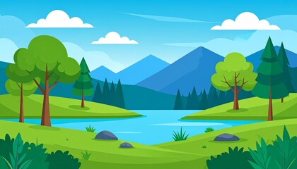 Obraz premium Serene mountain lake landscape with lush greenery and clear blue sky summer nature scenery