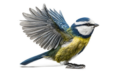 Fototapeta premium A blue tit perched on a surface with its wings spread wide isolated on transparent background