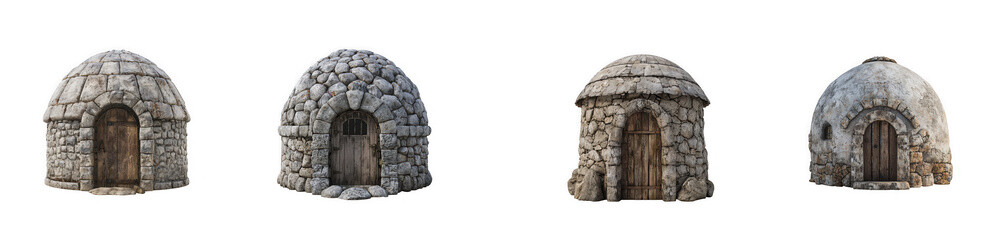 Fototapeta premium Primitive stone huts with wooden doors, representing ancient dwellings and early human settlements. isolated on transparent background
