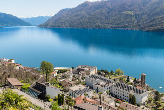Scenic landscape of Lake Maggiore featuring the village of Brissago along the coastline in Canton Ticino, Switzerland.