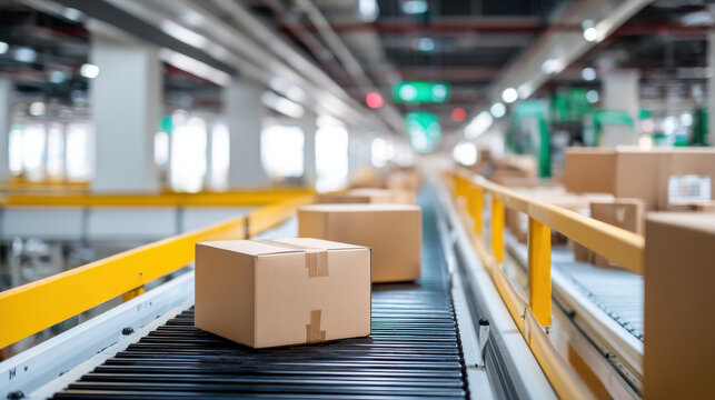 Cardboard box conveyor logistics warehouse automation busy conveyor belt with packages moving through facility, efficient industrial shipping