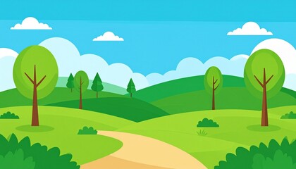 Fototapeta premium Scenic countryside landscape with winding path green trees blue sky summer nature illustration