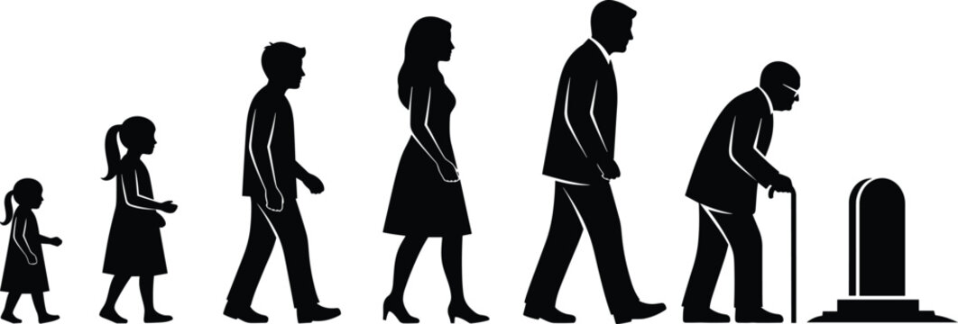 Silhouettes depicting stages of human life from childhood to adulthood, old age, and death with gravestone for conceptual design themes