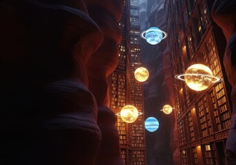 Obraz premium A surreal cityscape with planets floating in the sky at night