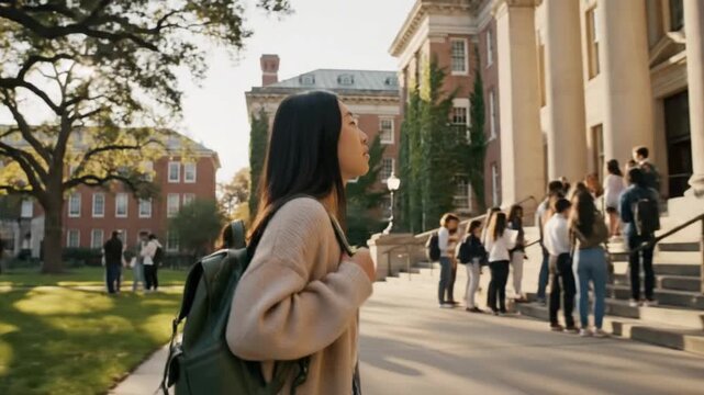 Student walks on campus with phone in hand during a sunny afternoon with trees and buildings around