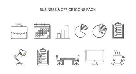 A clean outline icon set representing essential business tools like a briefcase, calendar, charts, and desk accessories on transparent background