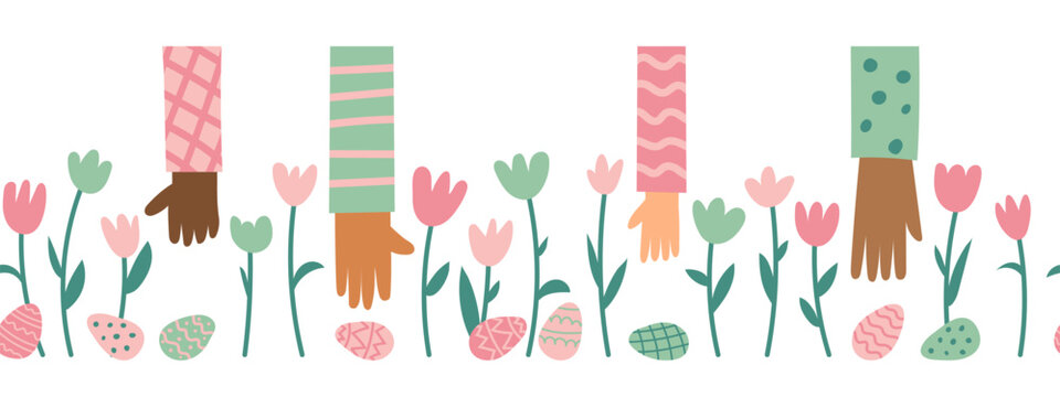 Cute Easter egg hunt seamless border with flowers, colorful eggs and reaching hands. Family  and friends fun concept. Vector flat illustration.