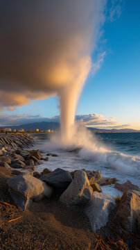 AI generator images of waterspout is a swirling beam of light or cone-shaped cloud formation connecting clouds in the sky to the water's surface. Scud clouds or pannus clouds can also resemble water