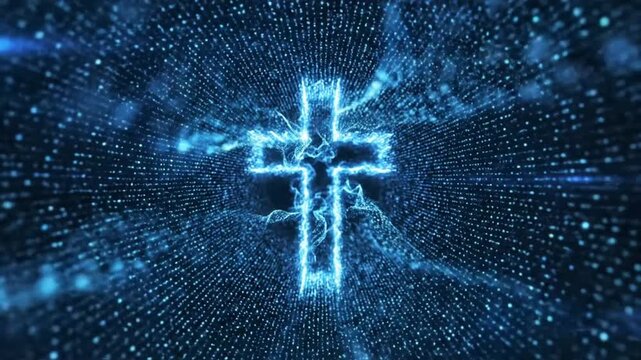 Christian cross made of blue light with digital patterns in background during night