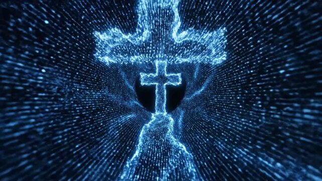 Light patterns surround a cross shape in a digital tunnel at night creating a visual of data movement
