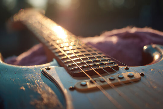 Fender Stratocaster guitar macro portrait beside denim sleeve, sage backlit with lens flare, cinematic lighting, raw visual style