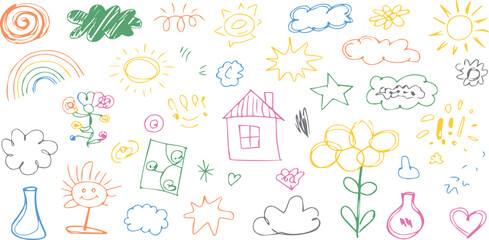 Colorful Kids Doodle Vector Set: Hand-Drawn Sun, House, Flowers, and Clouds for E-commerce & Shopping Set and Social Media & Marketing Set Designs