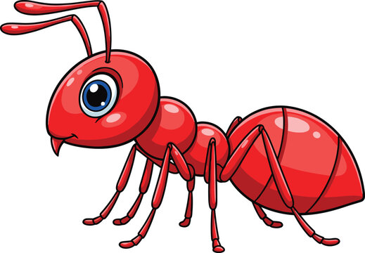 Cartoon-style red ant with shiny head, blue eye, antennae, and segmented body in animated posture for design and educational themes