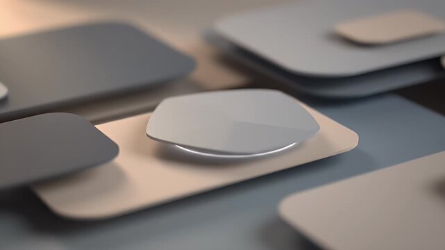 Abstract arrangement of sleek, modern geometric shapes in subtle gray and beige tones, reflecting minimalist design principles and sophisticated technological aesthetics with soft lighting