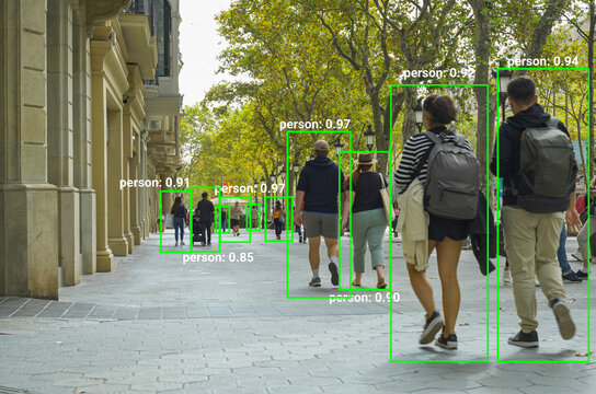 YOLO or You Only Look Once algorithm concept. AI algorithm identifying multiple individuals walking on a city street, displaying bounding boxes and confidence scores around each detected person for