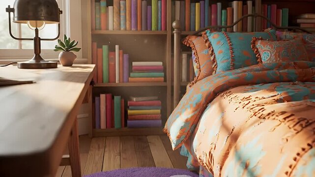 Cozy bedroom scene with warm lighting, wooden desk, bookshelves, and a colorful bedspread