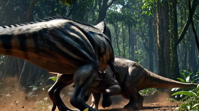 Epic Dinosaur Battle: Tyrannosaurus Rex vs. Triceratops in Jungle