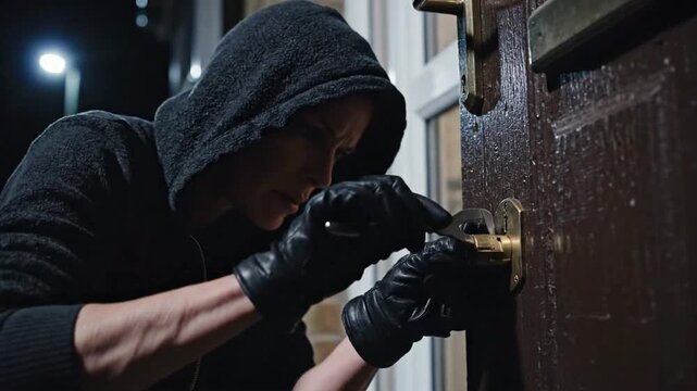 Person picks a lock on a door at night in a quiet neighborhood with a flashlight nearby