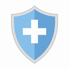 Fototapeta premium Illustration of a Blue Shield Emblem with a Central White Cross Symbolizing Protection, Safety, and Security in a Minimalistic Design