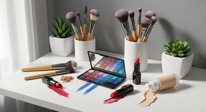 Makeup brushes and cosmetics on modern white counter