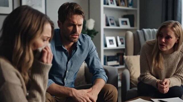 Group discussion about important documents and decisions in a living room setting