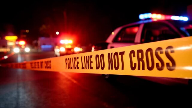 Police line do not cross tape at nighttime crime scene with patrol car lights and officers in background.