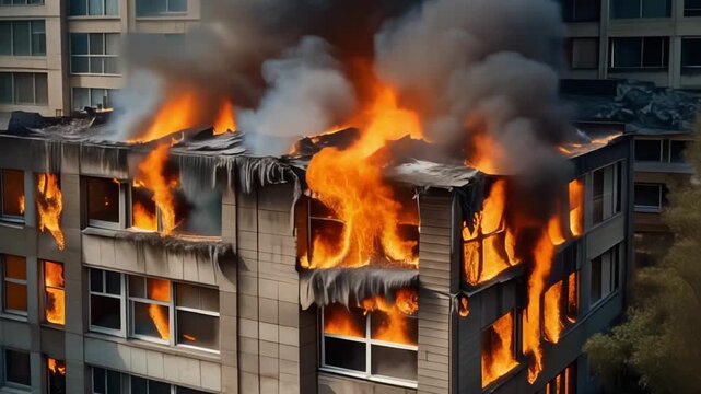 Structural fire in modern building, flames erupting from windows