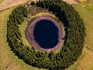 Volcanic lake with dark reflective surface bordered by circular forest on Sao Miguel Island, drone view